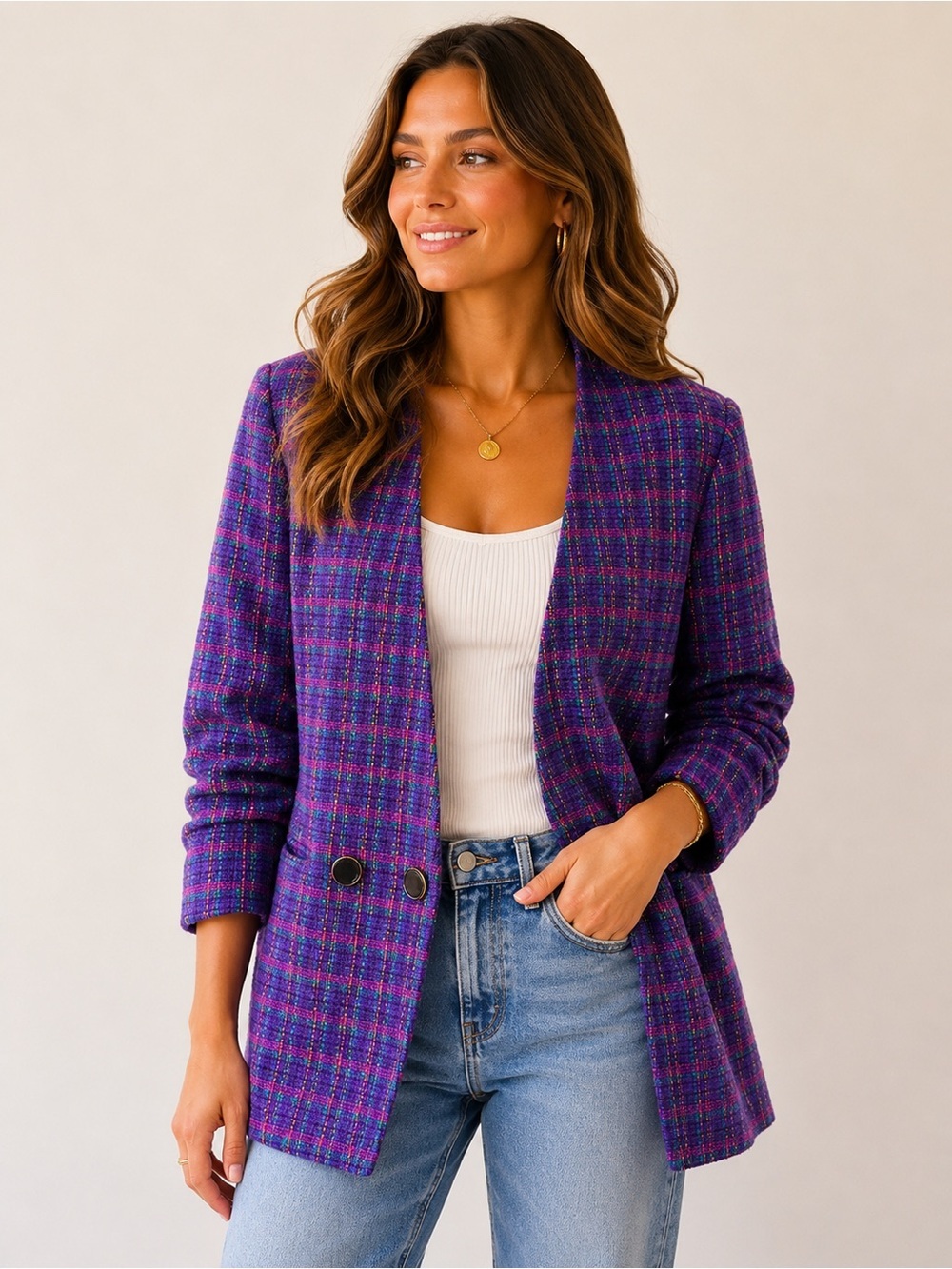 Chad Stevens Purple Tweed Plaid Blazer Jacket Size 14 Vintage Chic